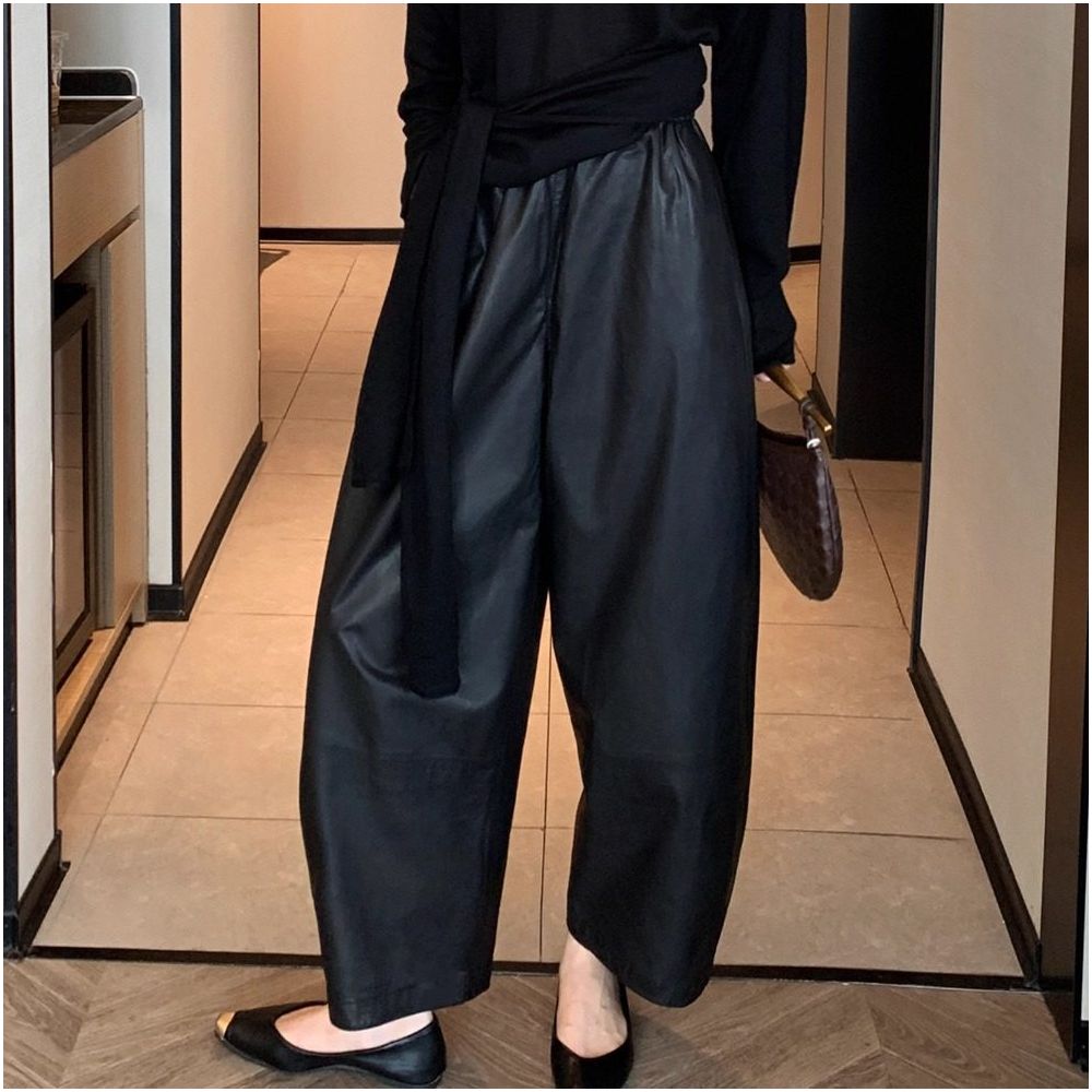 Haining leather pants original autumn and winter stylish plus size women s clothing elastic waist bending knife nine quarter pants wide leg pants radish pants image 1