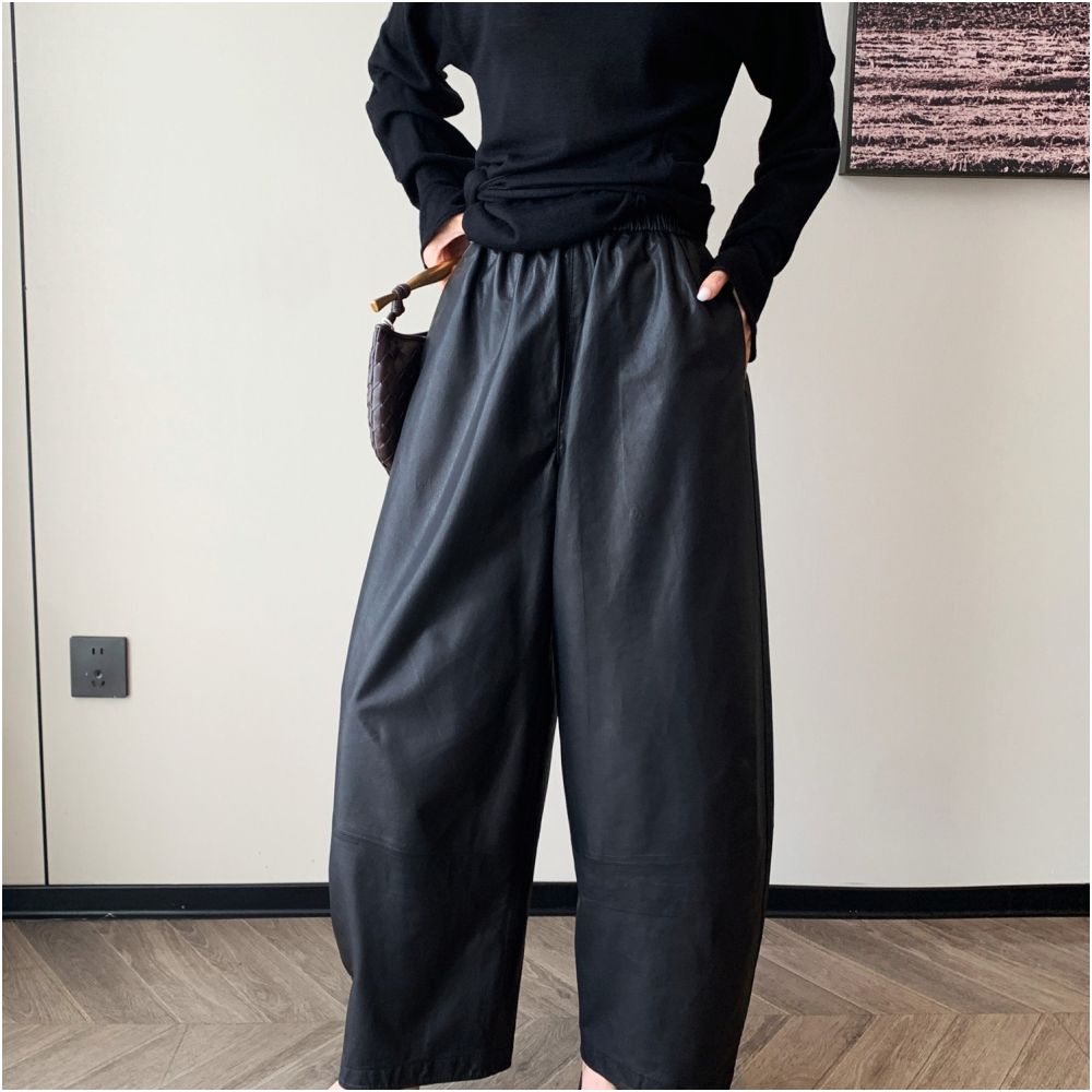 Haining leather pants original autumn and winter stylish plus size women s clothing elastic waist bending knife nine quarter pants wide leg pants radish pants image 3