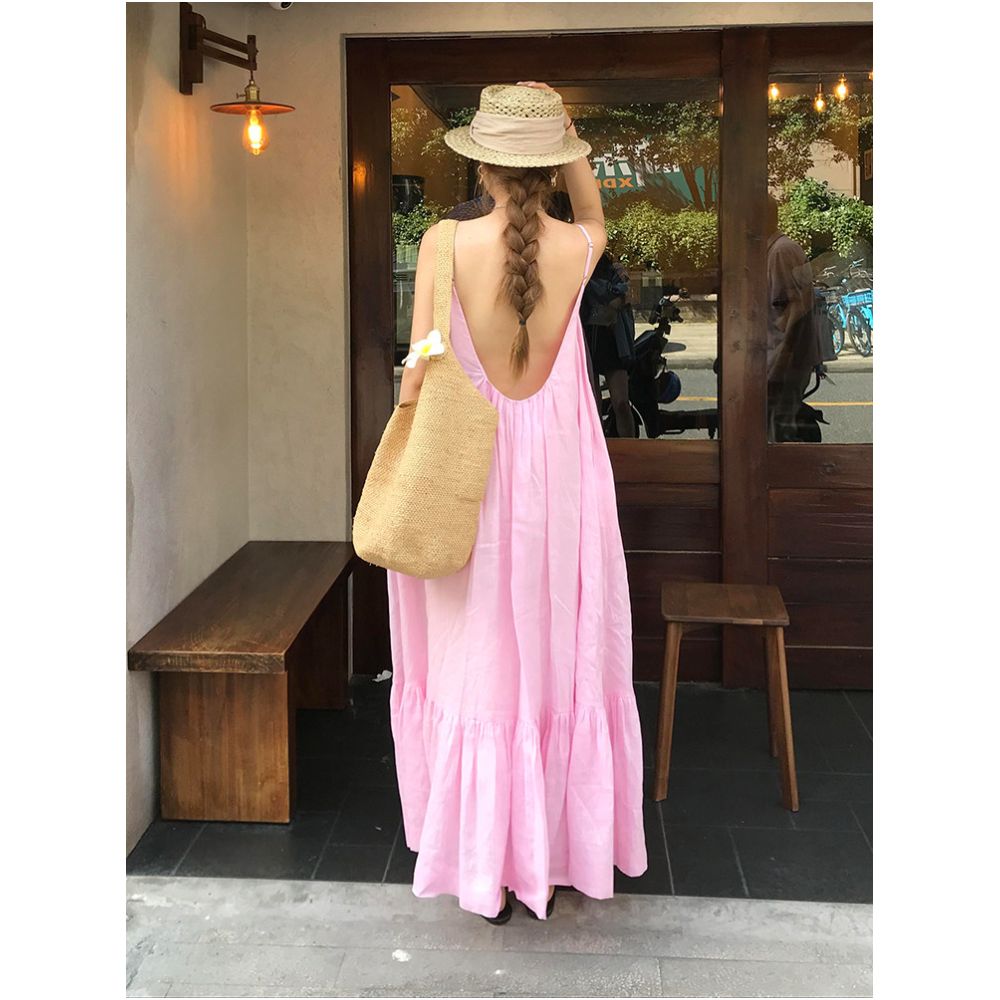 French style gentle pink loose fitting suspender dress new summer style pure and sexy vacation look backless long dress image 2