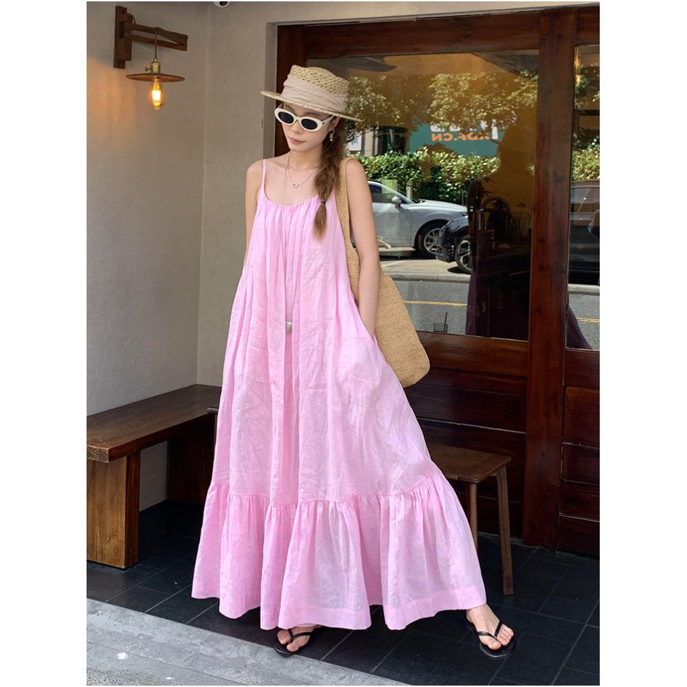French style gentle pink loose fitting suspender dress new summer style pure and sexy vacation look backless long dress image 3