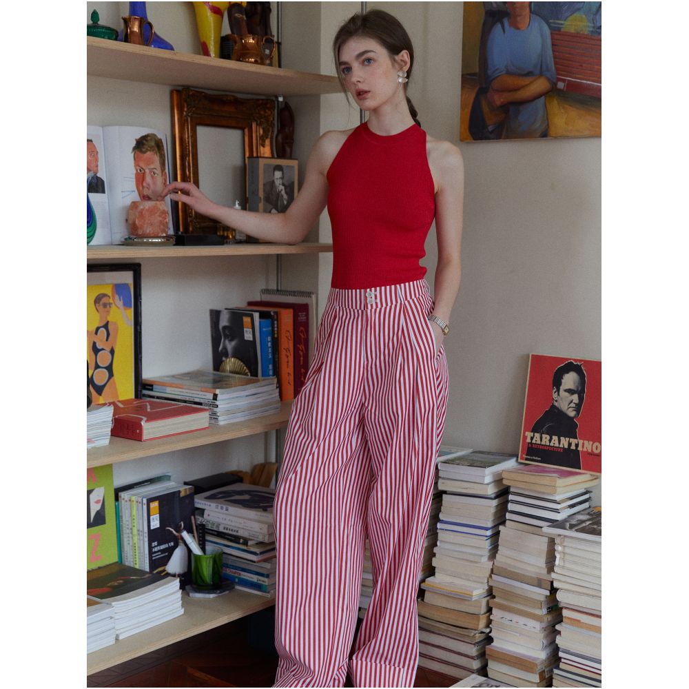 Clean Sense French Intellectual Red Striped Elastic High Waisted Wide Leg Straight Leg Rolled Up Casual Trousers image 0