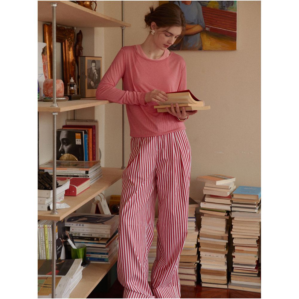 Clean Sense French Intellectual Red Striped Elastic High Waisted Wide Leg Straight Leg Rolled Up Casual Trousers image 2
