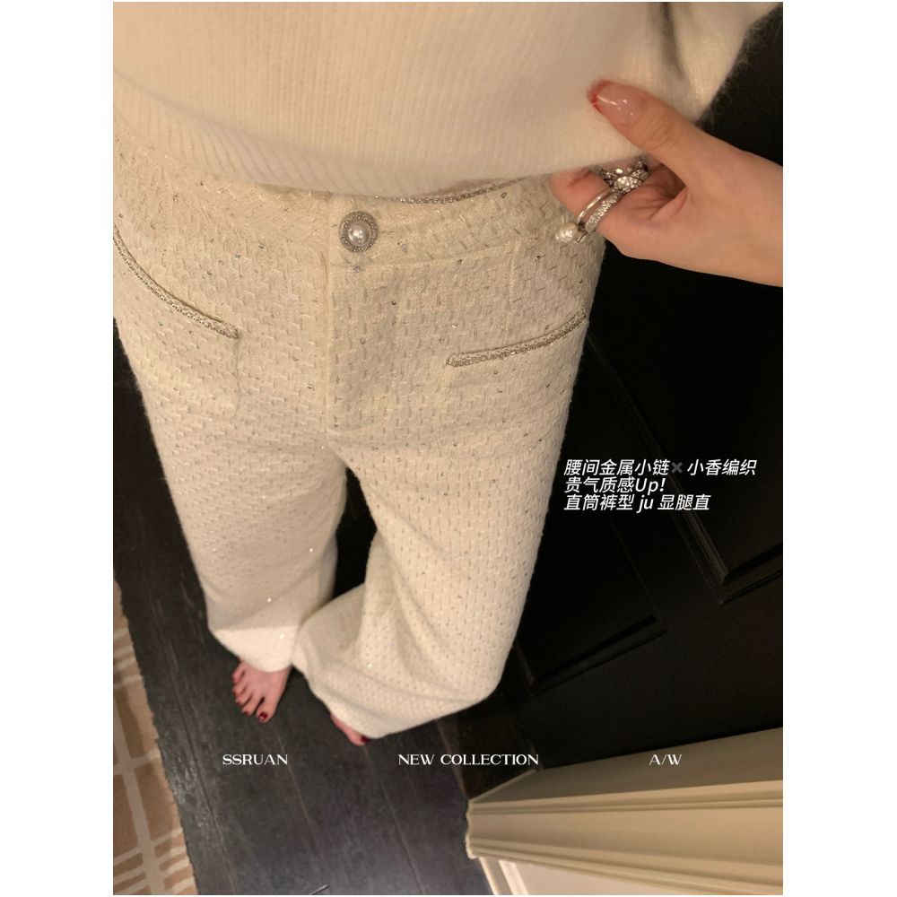Sam Seoi Da Fan Women s Casual Pants Chanel Style Sequined Chain White High Waisted Straight Leg Pants Floor Length Pants image 0