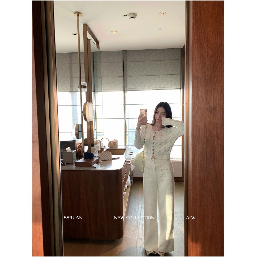 Sam Seoi Da Fan Women s Casual Pants Chanel Style Sequined Chain White High Waisted Straight Leg Pants Floor Length Pants image 1