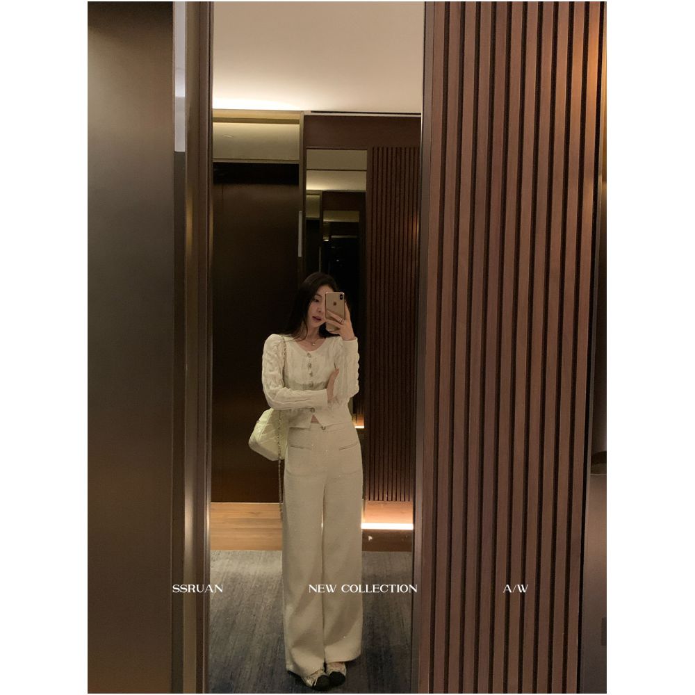 Sam Seoi Da Fan Women s Casual Pants Chanel Style Sequined Chain White High Waisted Straight Leg Pants Floor Length Pants image 4