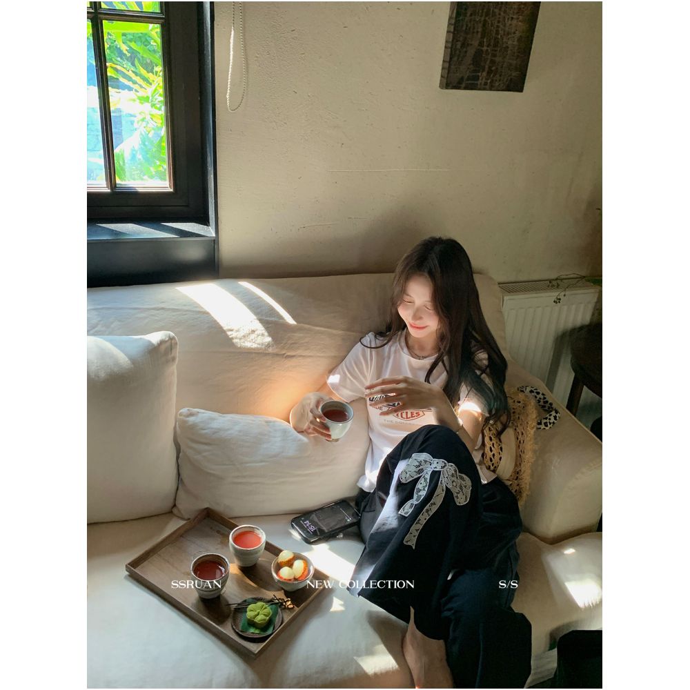 Sam Seoi Da Fan Embroidered Blue Casual Pants Women s Loose Korean Style High Waist Wide Leg Straight Leg Pants Strolling Floor Length Pants image 1