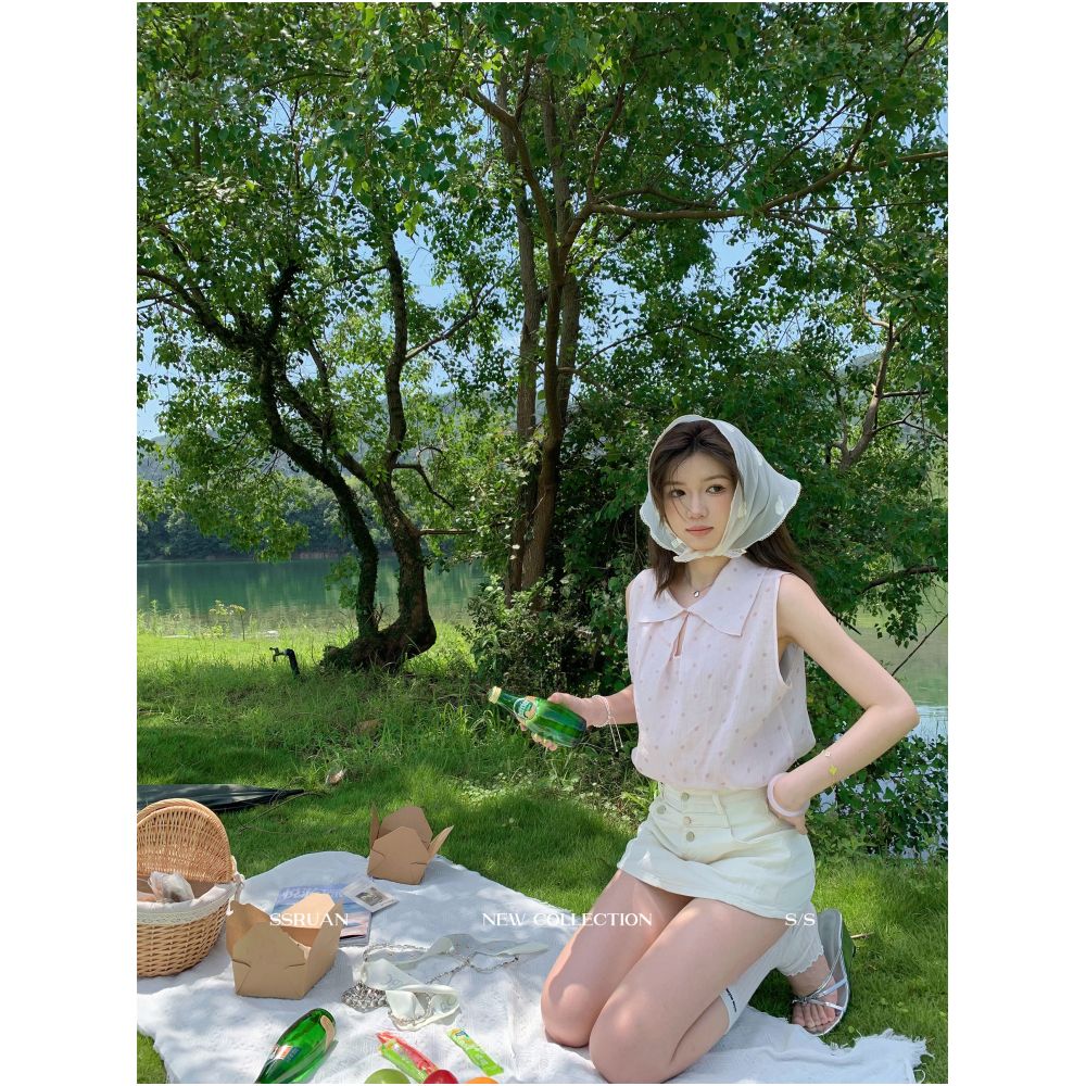Sam Seoi Da Fan 100 Ramie French Sweet Polka Dot Shirt Women s Summer Loose Sleeveless Chiffon Blouse image 0
