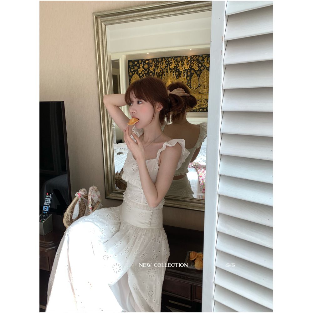 Sam Seoi Da Fan French Romantic White Two Piece Beach Vacation Tea Break Dress image 0