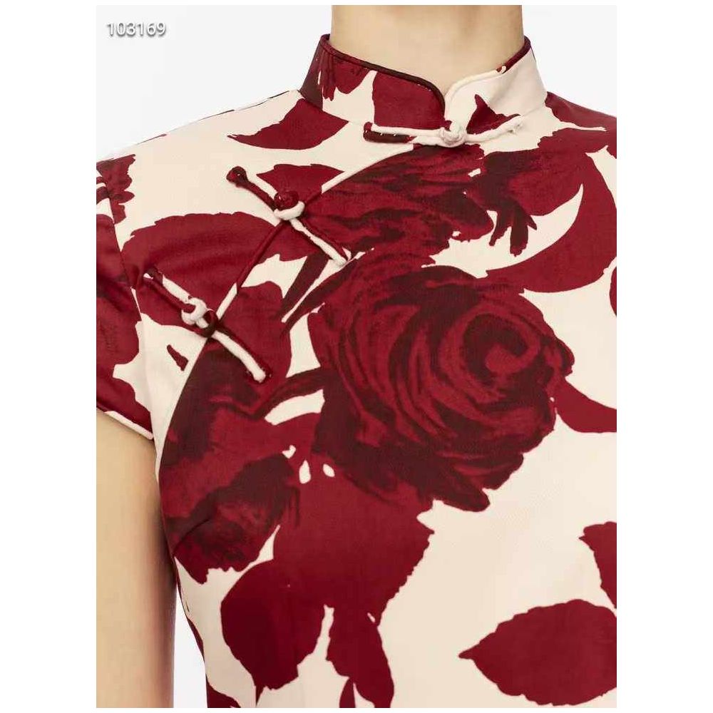 2021 New Shanghai Tang Retro Cheongsam with Rose Floral Stretch Cotton Chinese Style Stand Collar Chinese Style Button Side Slit image 2