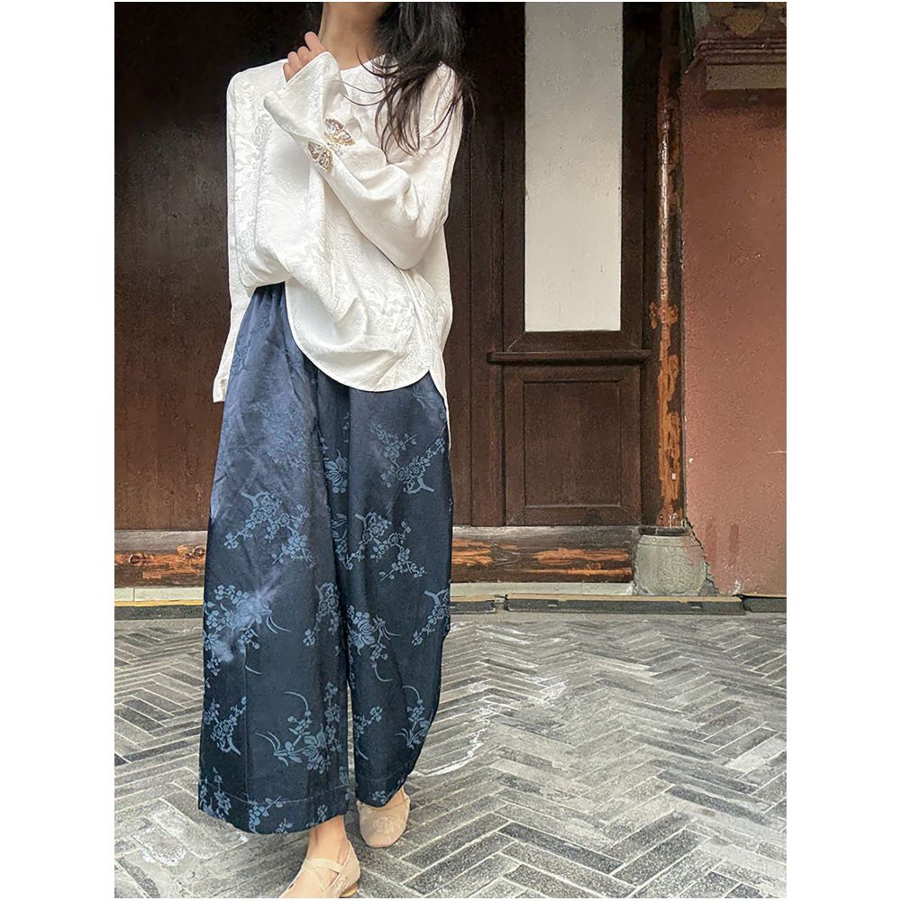 BLUEY 2026 Spring Summer New Chinese Style Jacquard Casual Pants for Women High Waist Slimming Loose Fit Dark Blue image 0