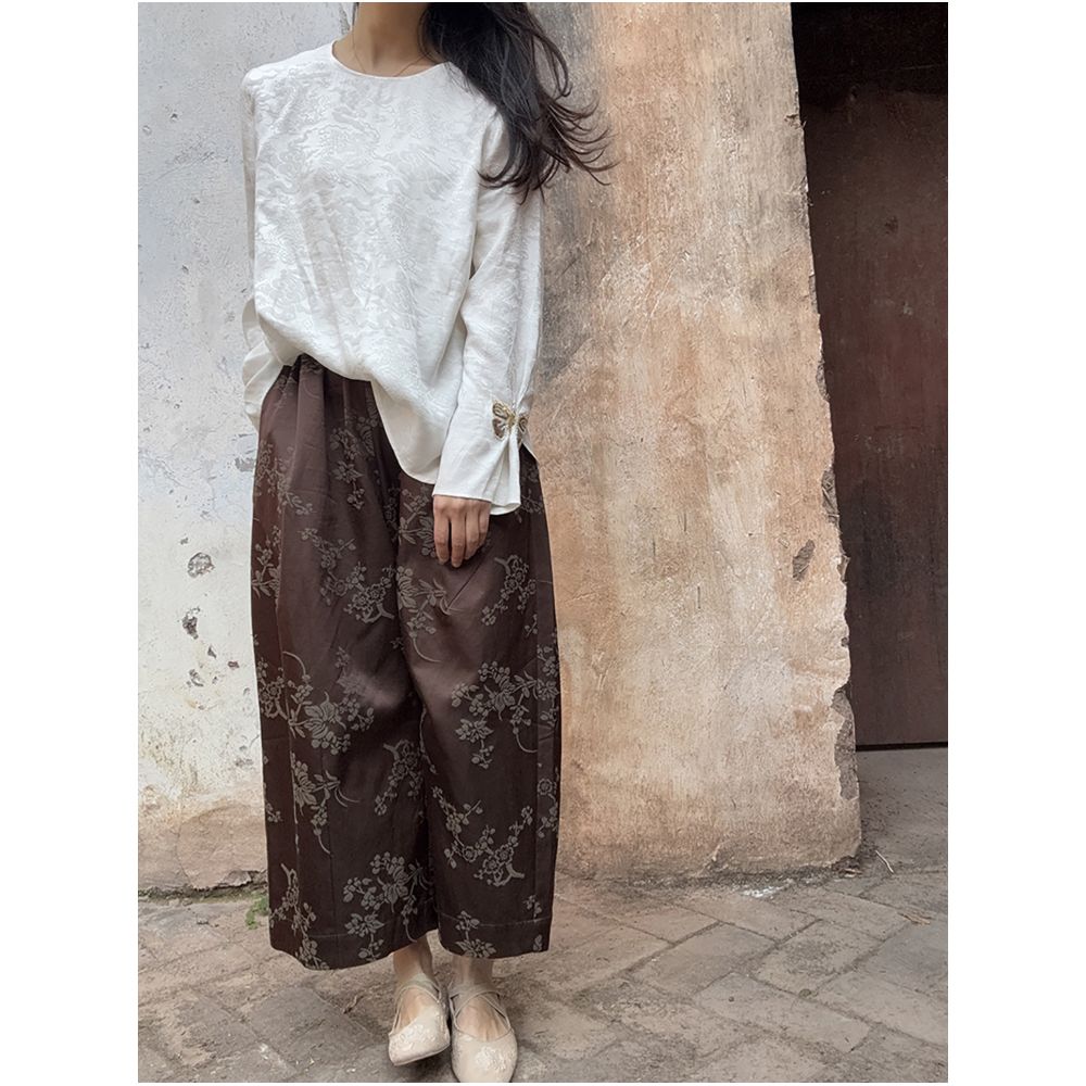 BLUEY 2026 Spring Summer New Chinese Style Jacquard Casual Pants for Women High Waist Slimming Loose Fit Dark Blue image 4