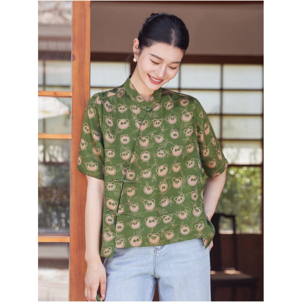Fei Yi Tang Silk Floral Red Cloud Yarn New Chinese Style Improved Literary Retro Stand Collar Slanted Placket Tang Suit Women s Short Sleeve Top image 3