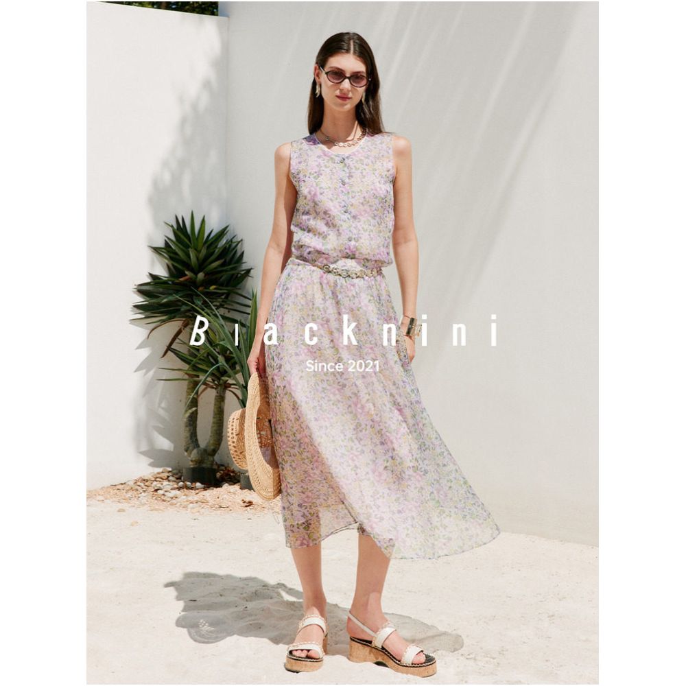 Blacknini Seven Mile Fragrance Italian Mulberry Silk Print New Chinese Style Round Neck Vest Skirt image 3