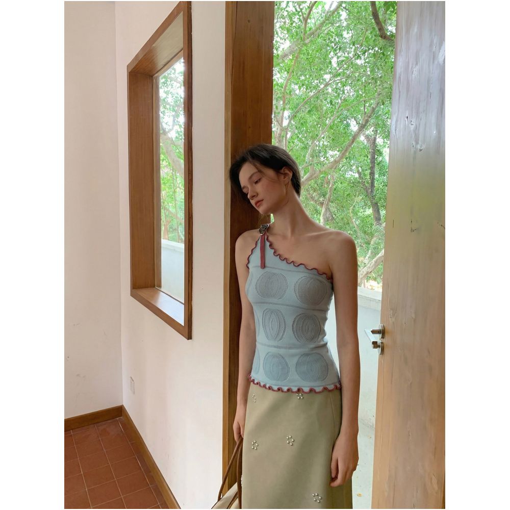 CRUCREAMSU One Shoulder Design Ruffled Trim Tank Top for Women Summer Slim Fit Vacation Style image 3