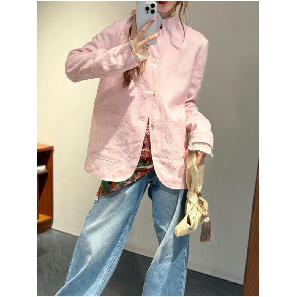 New Chinese style relaxed pink linen suit jacket for women 2026 spring new style stand collar Chinese knot button high end Chinese style top image 0
