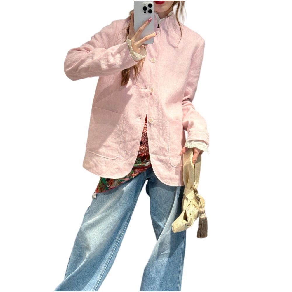 New Chinese style relaxed pink linen suit jacket for women 2026 spring new style stand collar Chinese knot button high end Chinese style top image 4