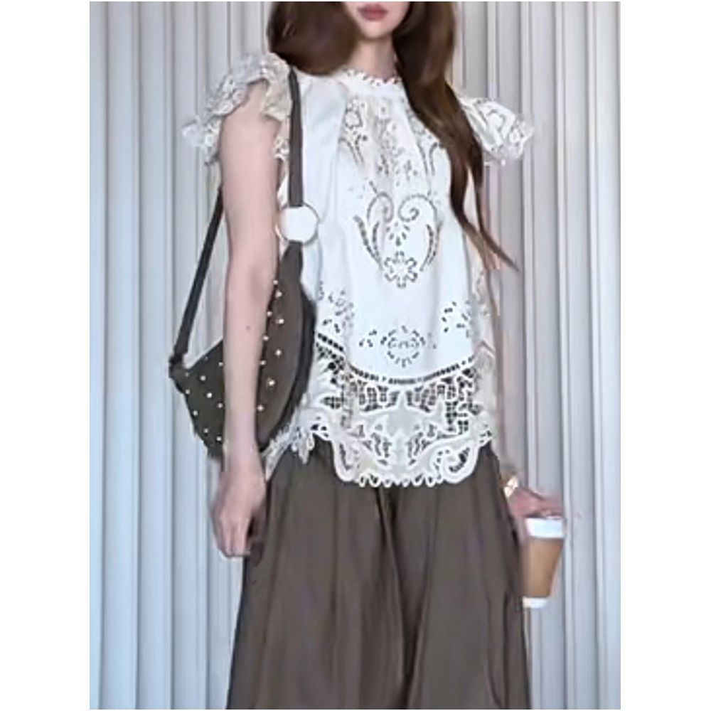 2026 Summer New Women s White Round Neck Short Sleeve Hollow Out Shirt Loose Fit Slimming and Versatile Top image 4