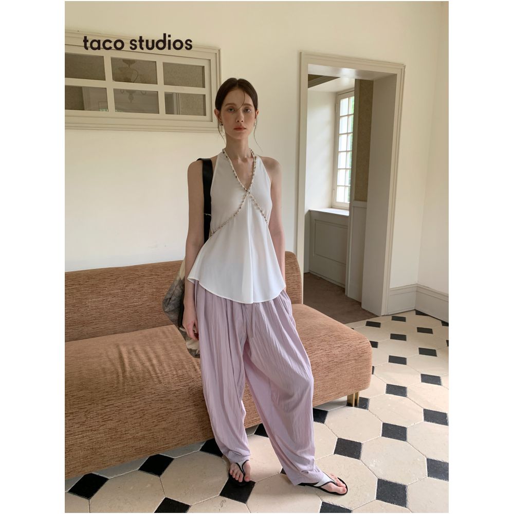 Taco Studios Japanese Imported Acetate Matte Satin Halter Neck Top with Conch Shell Hand embellished Design Elegant and Stylish image 1