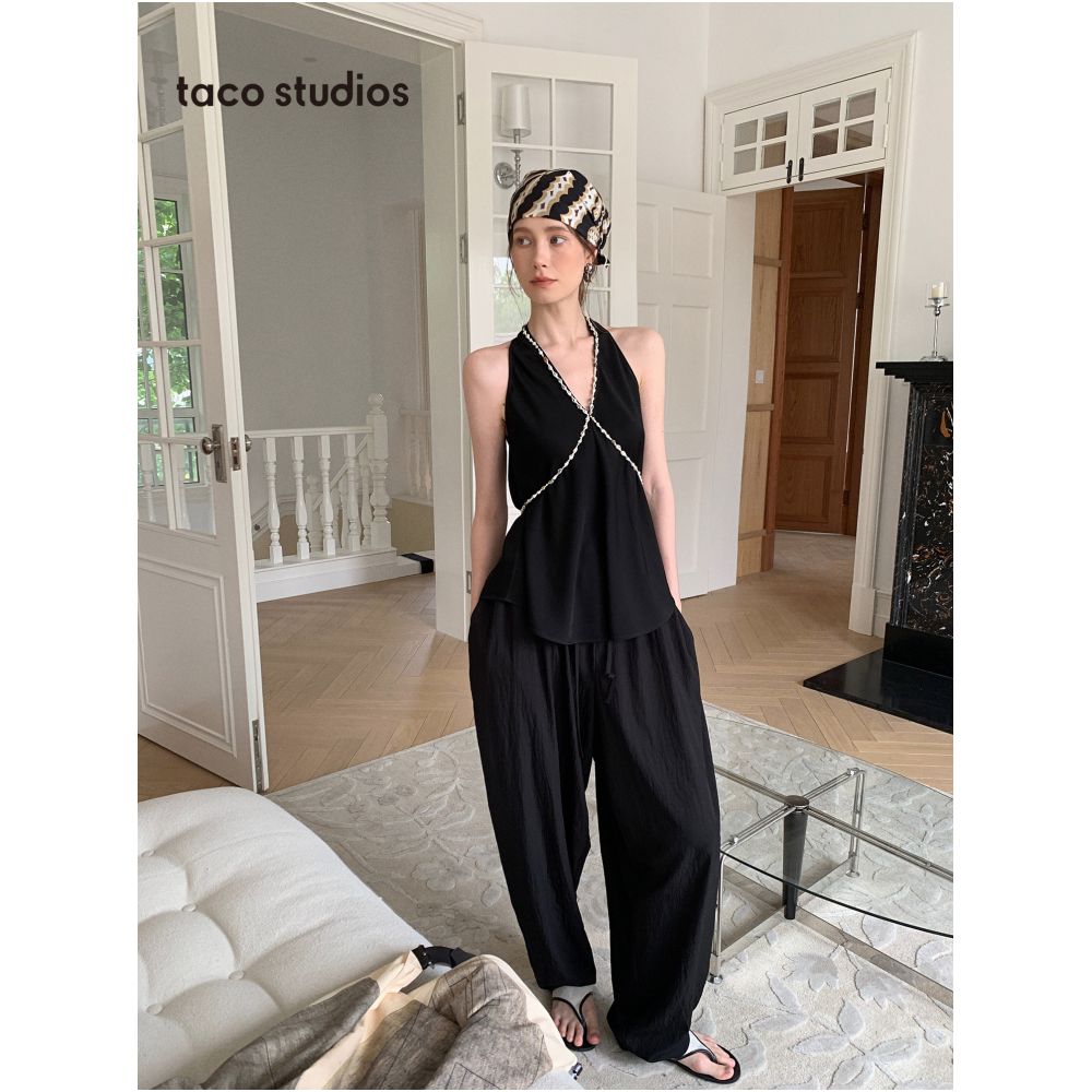 Taco Studios Japanese Imported Acetate Matte Satin Halter Neck Top with Conch Shell Hand embellished Design Elegant and Stylish image 2