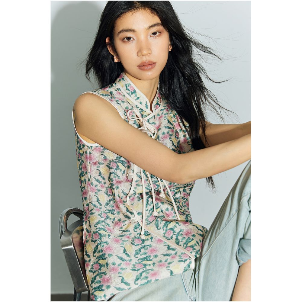 Showyee Xiuye Chinese Style Zen inspired New Chinese Jacquard Jacquard Pocket Design Stand Collar Sleeveless Vest Top image 3