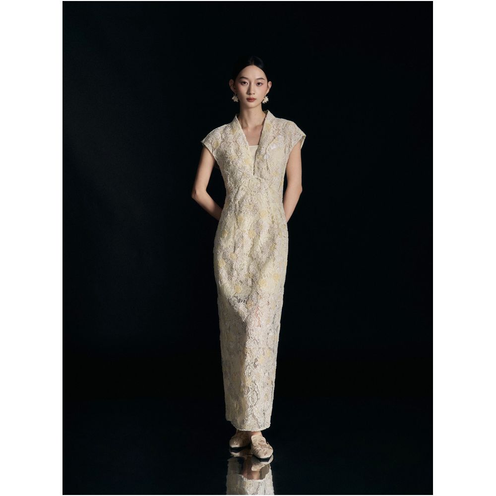 Nian Twelve Orchid Sequence Lace Sequin Embroidered V Neck Dress Sleeveless New Chinese Style White Chalcedony Button Long Dress image 0