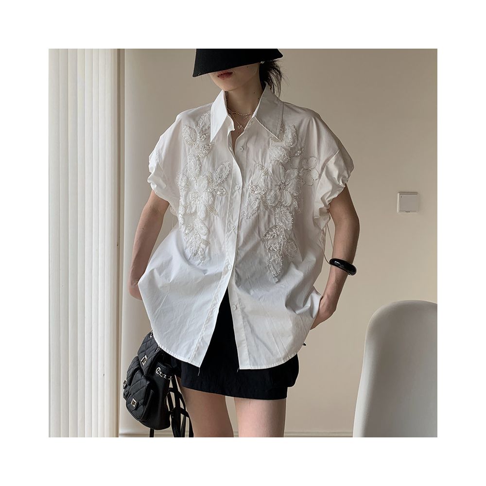 Owen 2026 Summer Embroidered Floral Heavy Rhinestone Studded Loose Fit Vest Shirt with Drawstring Cuffs Oversized Fit image 1