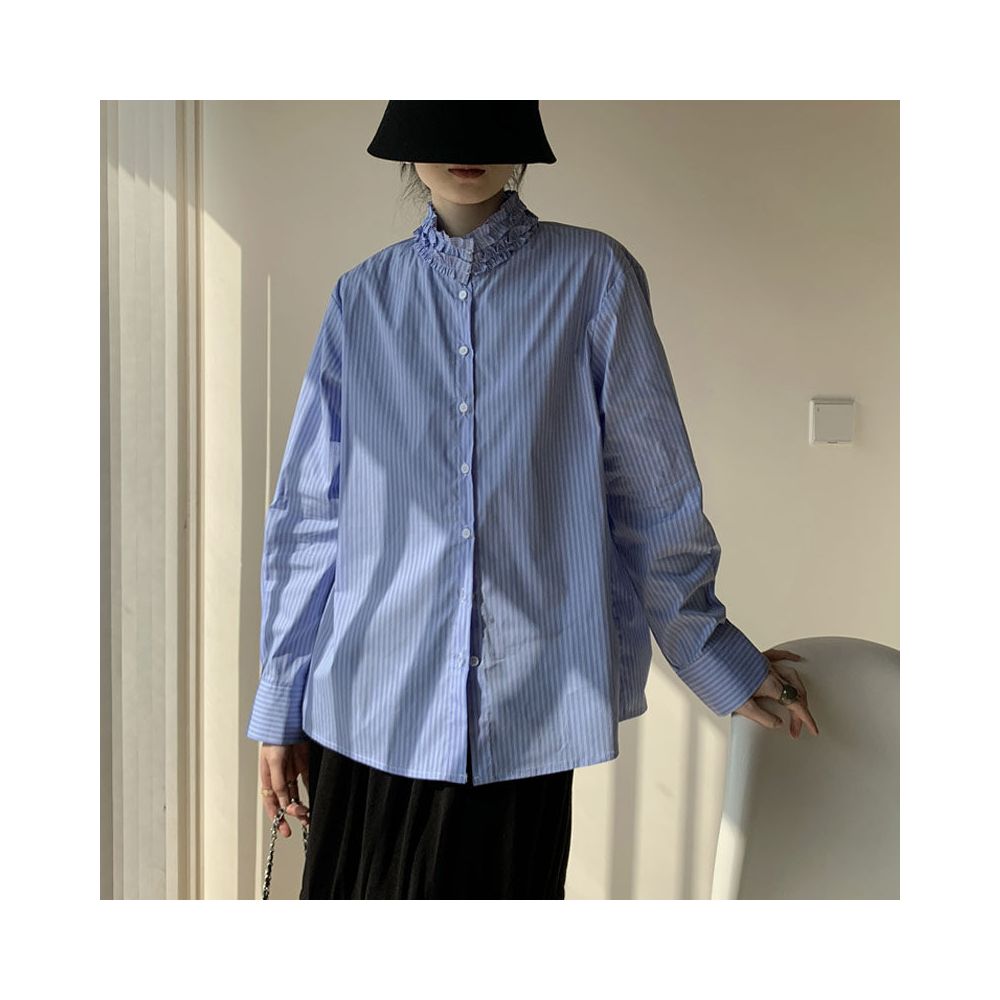 Aowen 2026 Spring Summer Retro High Neck Striped Blue Shirt for Women with Ruffled Trim Neckline Design image 1
