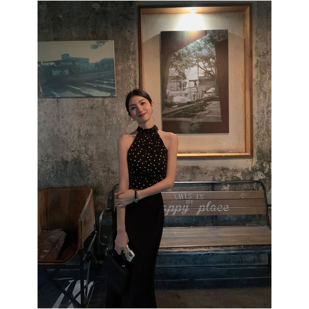 French style white polka dot top chiffon halter neck short women s top elegant style top with black dots on an apricot background image 1