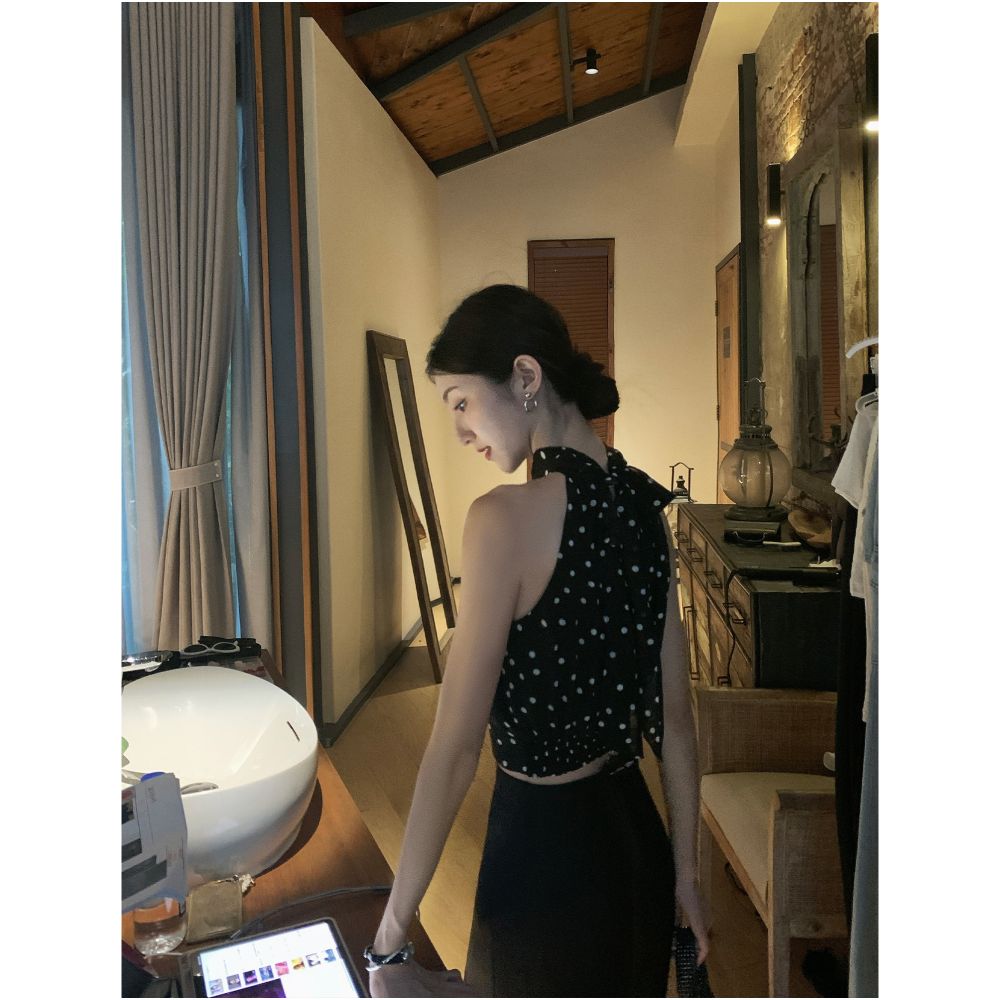 ASAYA6867 – Parisian Polka Halter Top ⚫⚪🖤
