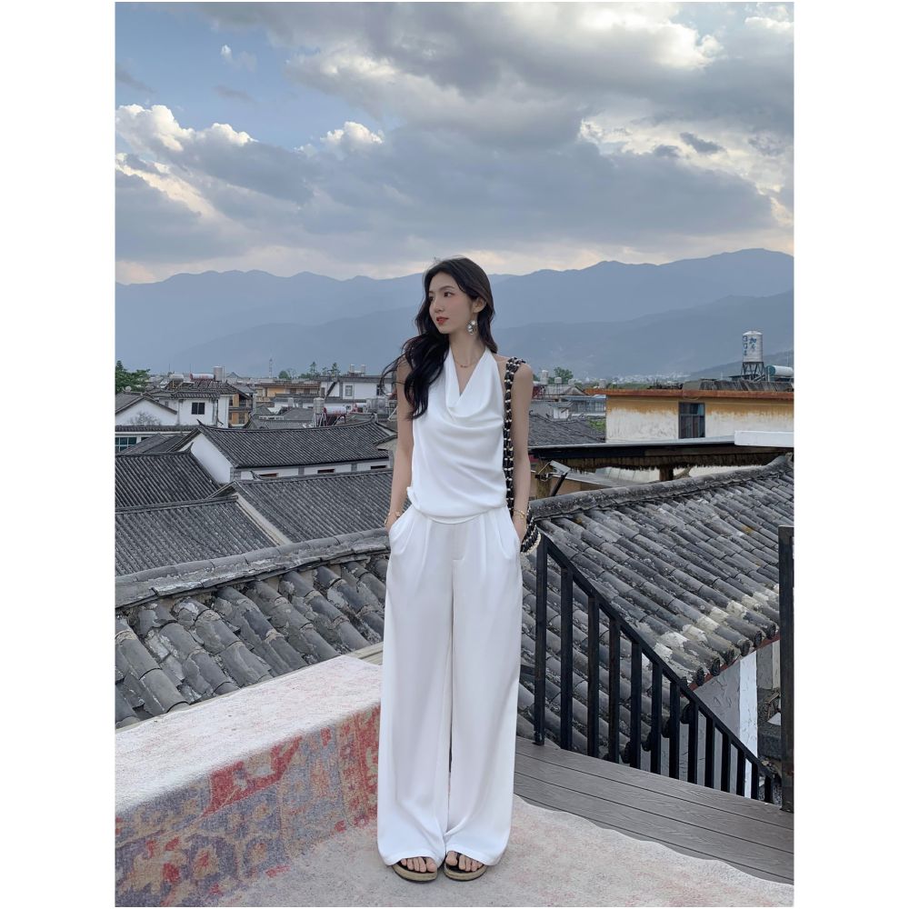 MULVAN Urban Goddess Satin Halter Neck Tank Top Two Piece Set Straight Wide Leg Casual Pants for Women image 1