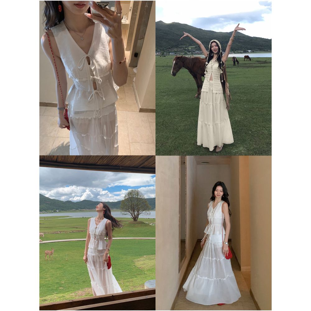 MULVAN Southern France Holiday Lyocell Lace Trim Vest Set for Women White Cake Skirt Set image 3