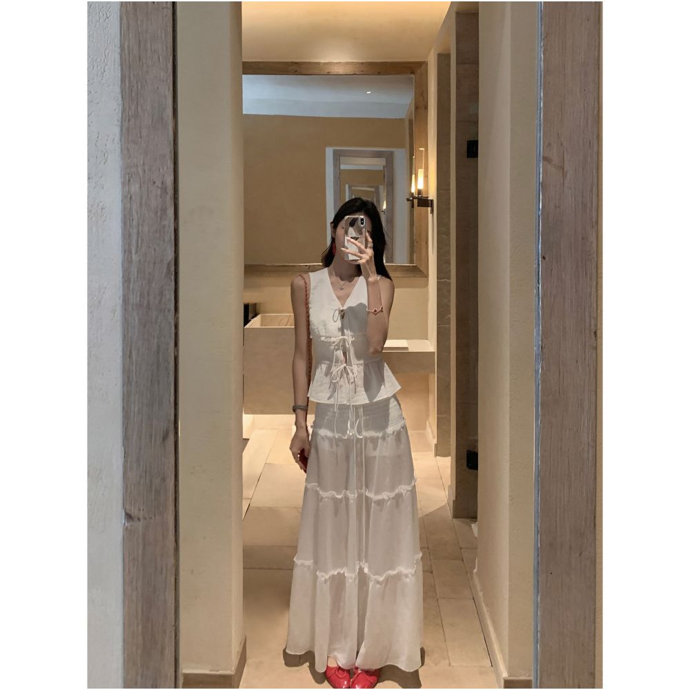 MULVAN Southern France Holiday Lyocell Lace Trim Vest Set for Women White Cake Skirt Set image 4
