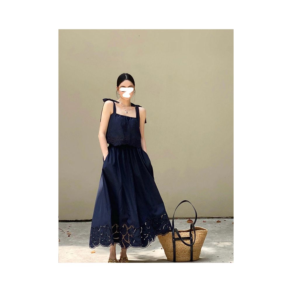Drawdream same day shipping Women s summer delicate lace skirt set with square neck hollow embroidery camisole top image 3