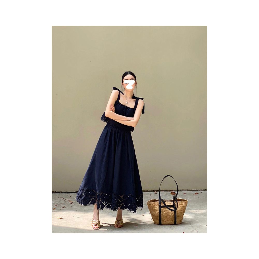 Drawdream same day shipping Women s summer delicate lace skirt set with square neck hollow embroidery camisole top image 0