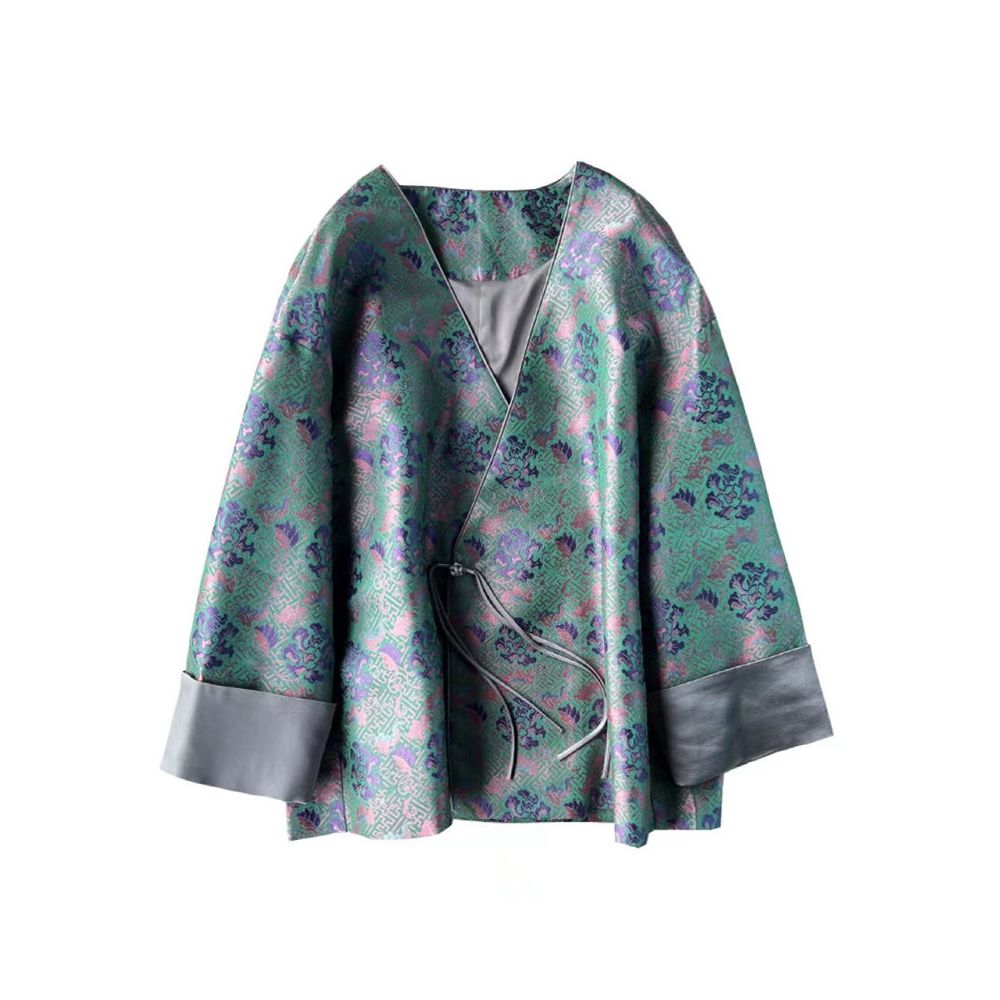 Yang Mi s same style silk Song brocade jacket new Chinese style gilded contrasting color top V neck tassel buckle women s short jacket mulberry silk blend image 5
