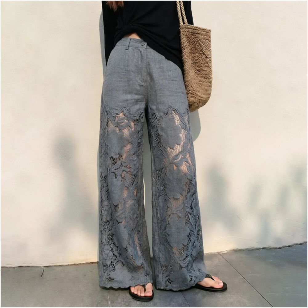 Women s Gray Lace Trimmed Straight Leg Pants 2026 Summer New Style Luxurious Slimming Fashion Casual Pants Wide Leg Pants with Flow image 2