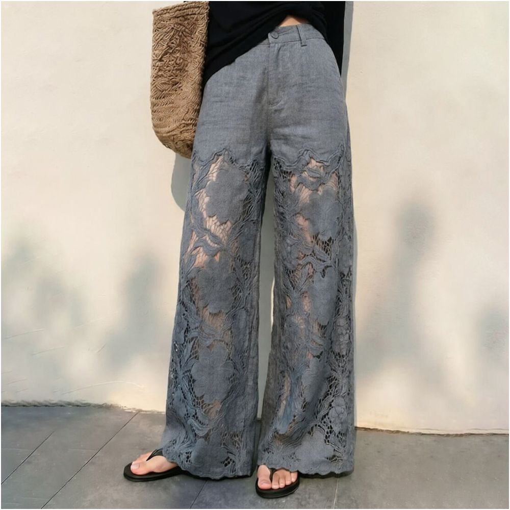 Women s Gray Lace Trimmed Straight Leg Pants 2026 Summer New Style Luxurious Slimming Fashion Casual Pants Wide Leg Pants with Flow image 3