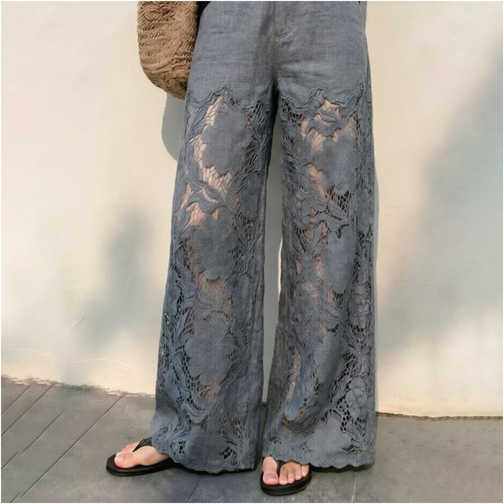 Women s Gray Lace Trimmed Straight Leg Pants 2026 Summer New Style Luxurious Slimming Fashion Casual Pants Wide Leg Pants with Flow image 5