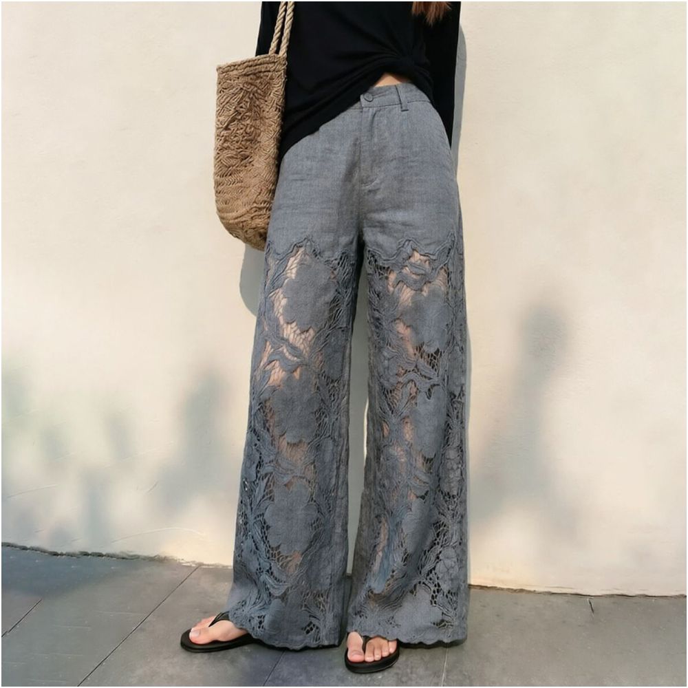 Women s Gray Lace Trimmed Straight Leg Pants 2026 Summer New Style Luxurious Slimming Fashion Casual Pants Wide Leg Pants with Flow image 0