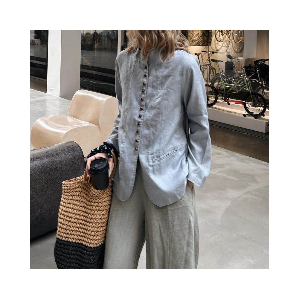 New Spring Summer Women s Modern Chinese Style Super Slimming Retro Old Money Style Plus Size Linen Stand Collar Long Sleeve Shirt Cardigan Coat image 0