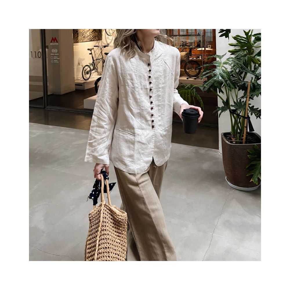 ASAYA6879 – Heritage Linen Mandarin Blouse 🌿🤎
