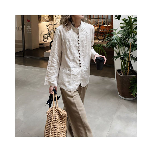 ASAYA6879 – Heritage Linen Mandarin Blouse 🌿🤎