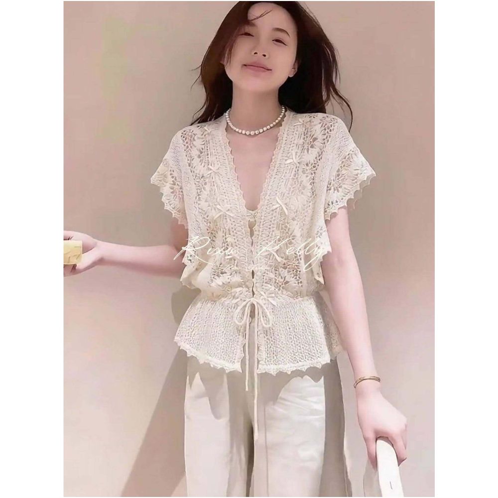 RIXO STREET French style light luxury exquisite top summer style romantic and warm lace patchwork hollow V neck tie front blouse image 1