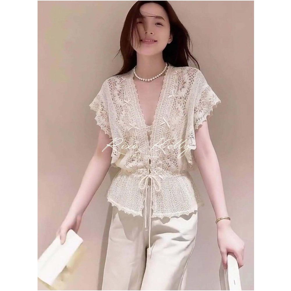 RIXO STREET French style light luxury exquisite top summer style romantic and warm lace patchwork hollow V neck tie front blouse image 2