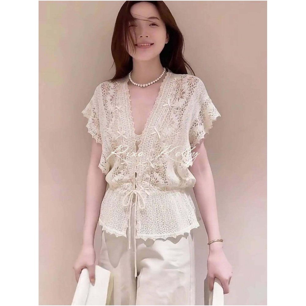 RIXO STREET French style light luxury exquisite top summer style romantic and warm lace patchwork hollow V neck tie front blouse image 3