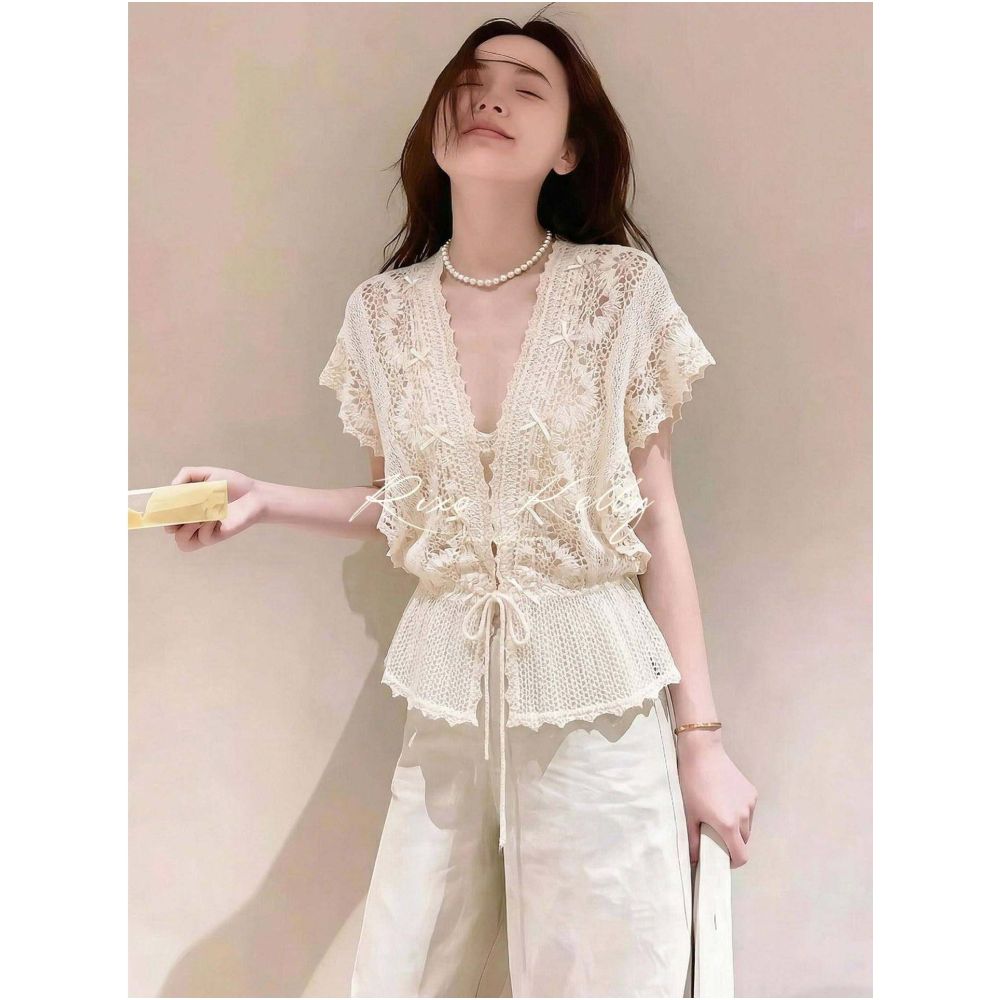 RIXO STREET French style light luxury exquisite top summer style romantic and warm lace patchwork hollow V neck tie front blouse image 4