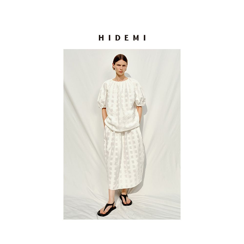 HIDEMI Resort Collection Embossed Artistic Jacquard White Check Cocoon T Shirt and Skirt Set image 1