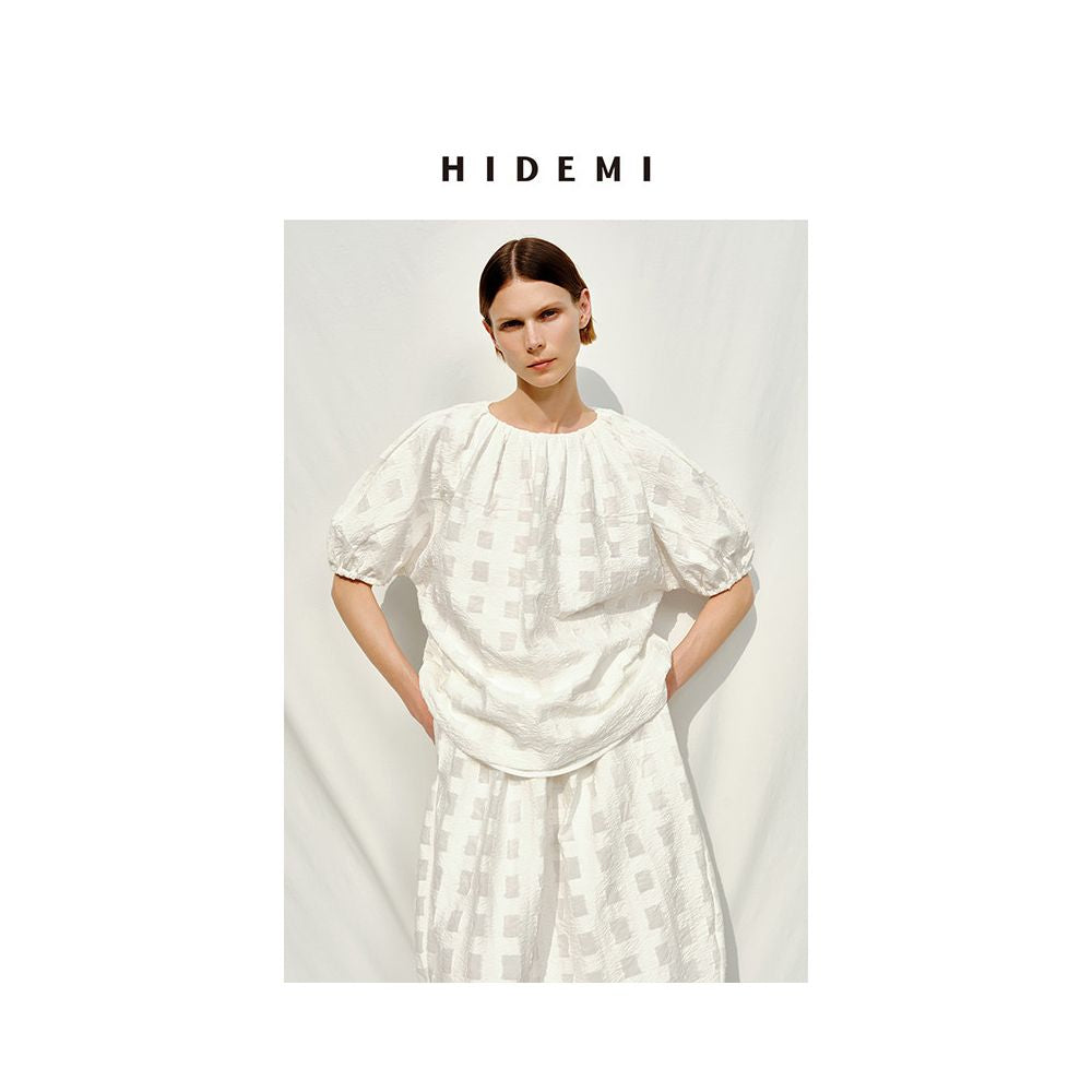 HIDEMI Resort Collection Embossed Artistic Jacquard White Check Cocoon T Shirt and Skirt Set image 2