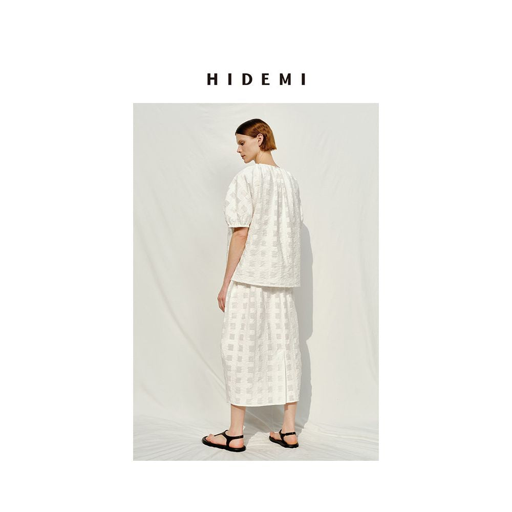 HIDEMI Resort Collection Embossed Artistic Jacquard White Check Cocoon T Shirt and Skirt Set image 3