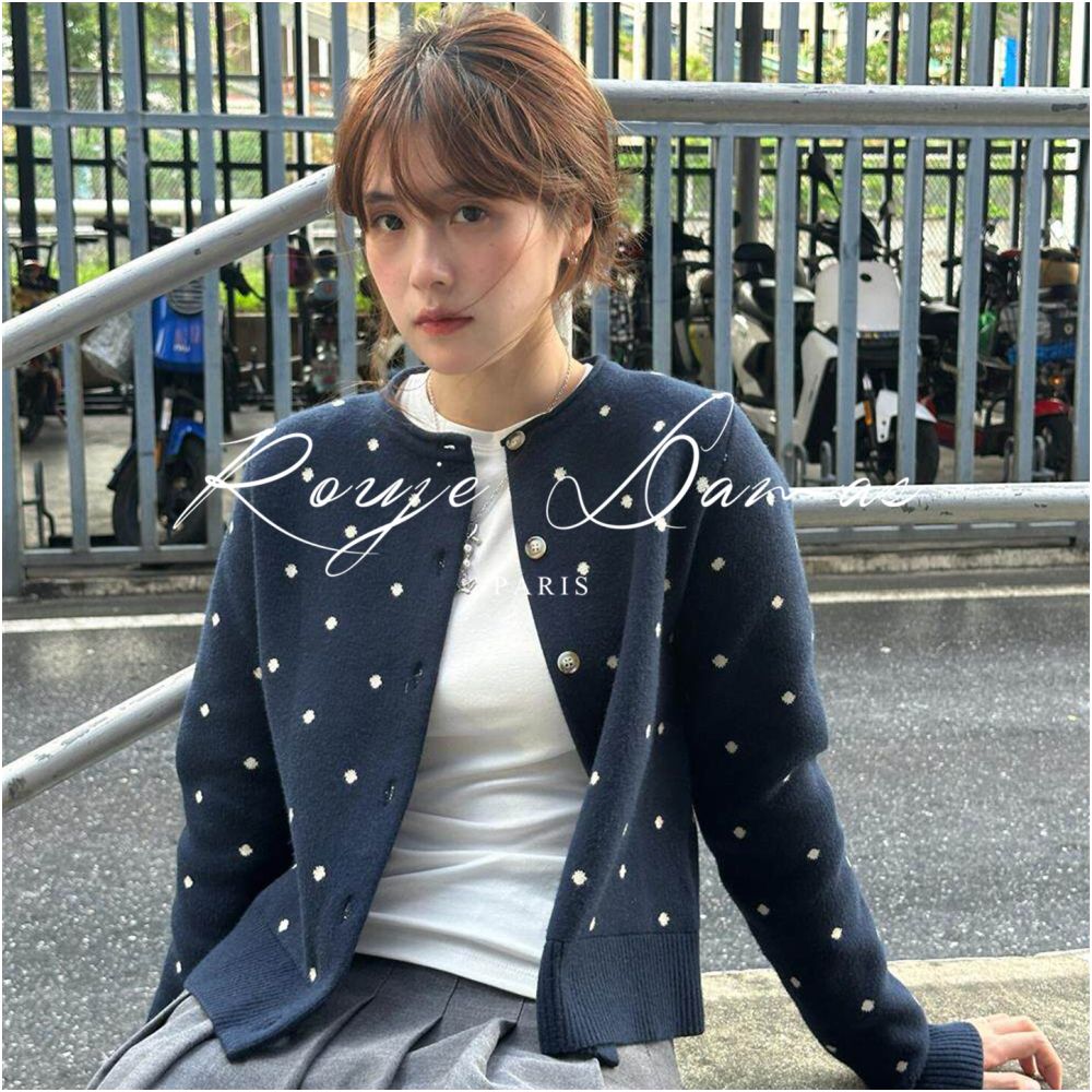 Rouje Damas Navy Blue Polka Dot All over Knit Cardigan for Women Loose Fit Versatile Slimming Sweater Jacket Top image 1